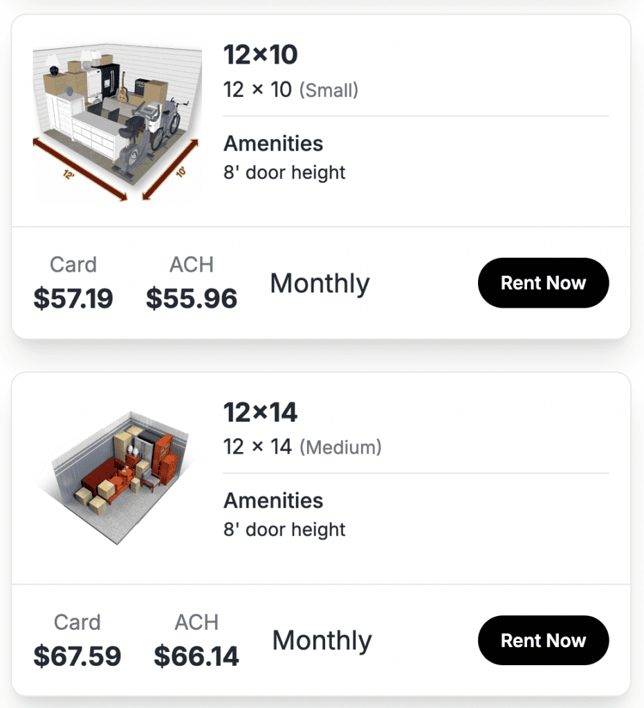 card and cash rental prices for self storage management software