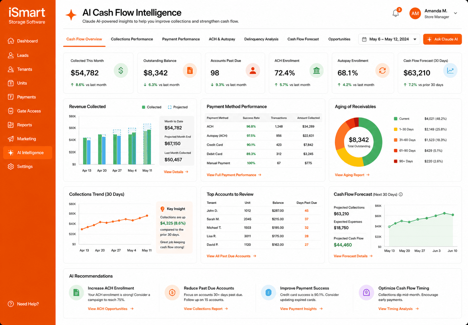 Claude AI Cash Flow Intelligence for Self Storage Analytics Dashboard 