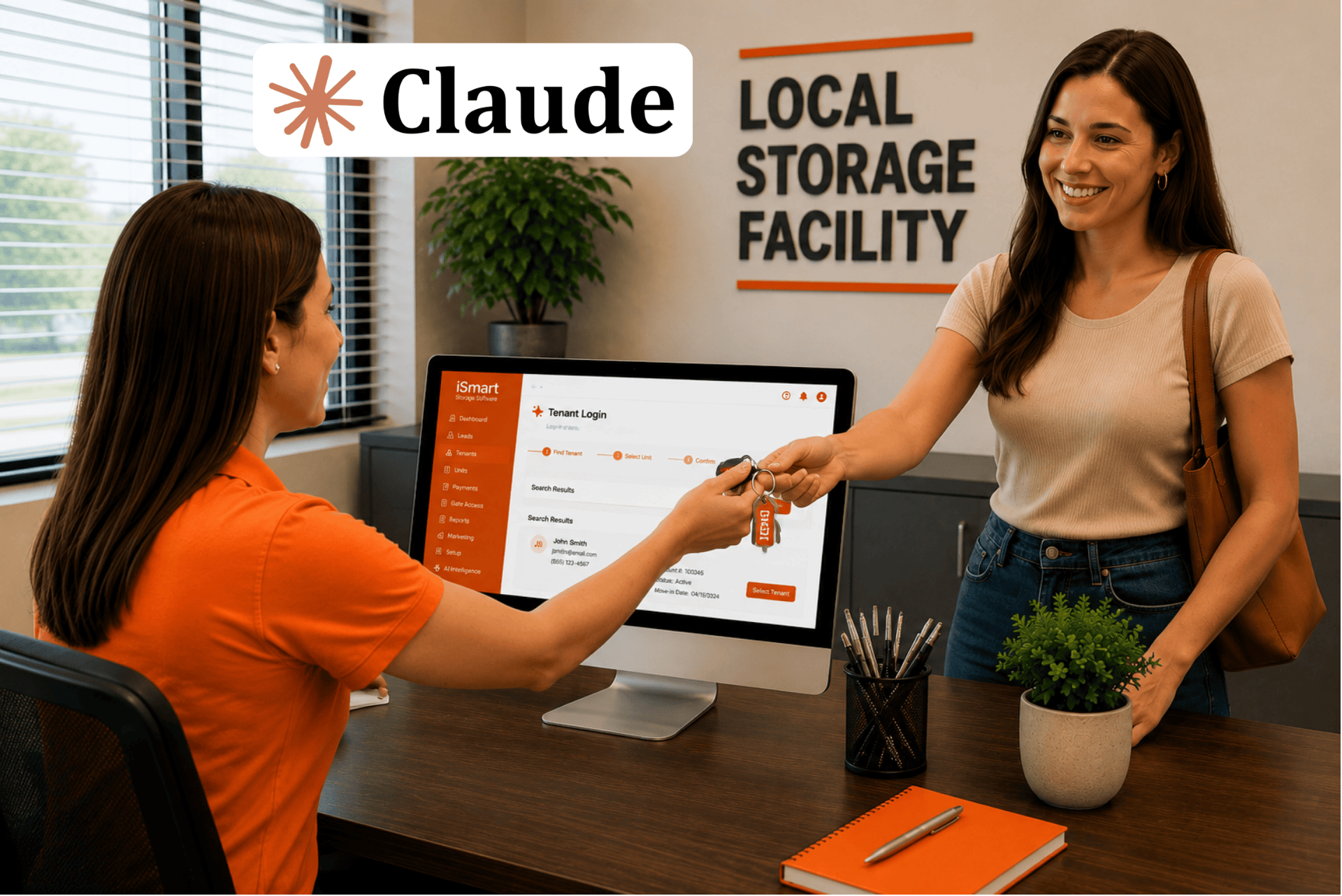 Customer at a self storage facility with manager after booking rental unit. Claude AI logo