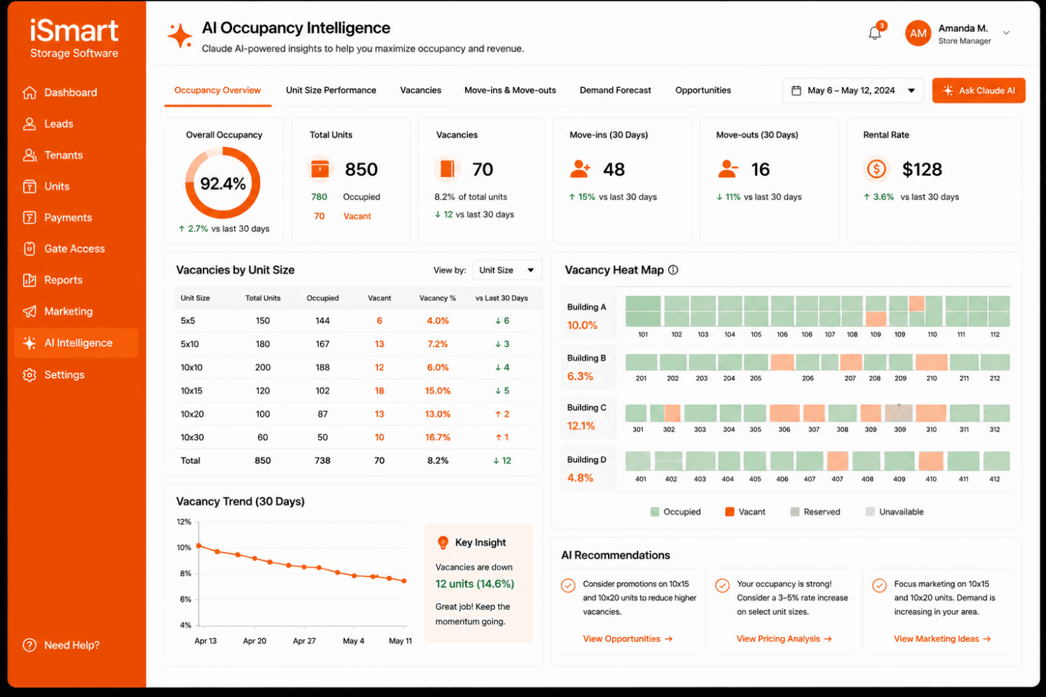 vacancies and occupancy intelligence self storage software with Claude AI