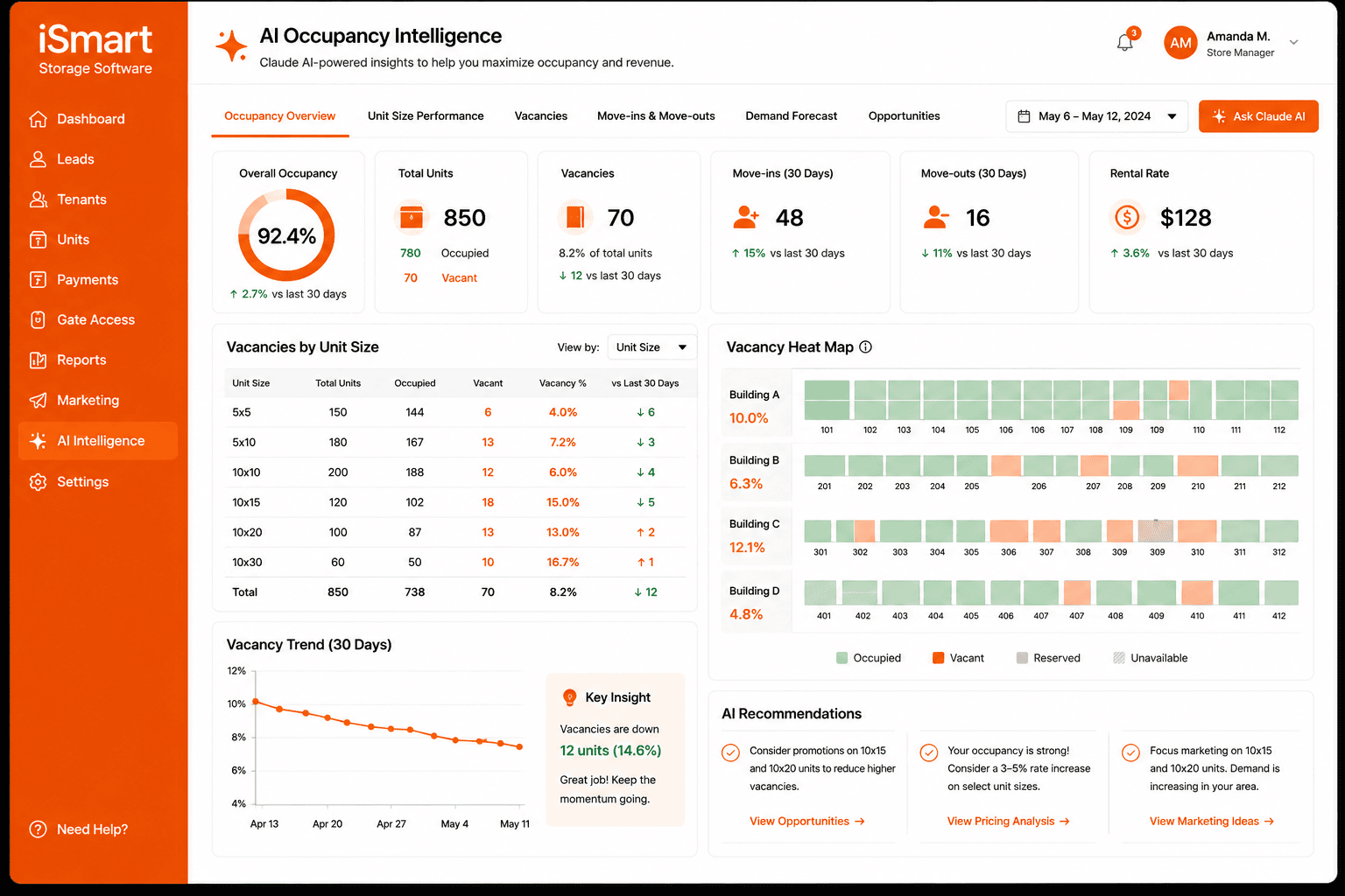 vacancies and occupancy intelligence self storage software with Claude AI